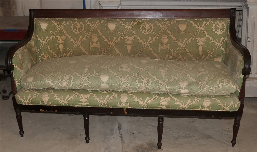 Nice Mahogany Framed Sofa with Scrolled Arms - Reeded Legs - Green Urn Decorated Upholstery - Sofa Measures 74" long 26" deep  1 Leg Needs Repair and Cushion is Faded - - Some Veneer Missing on...