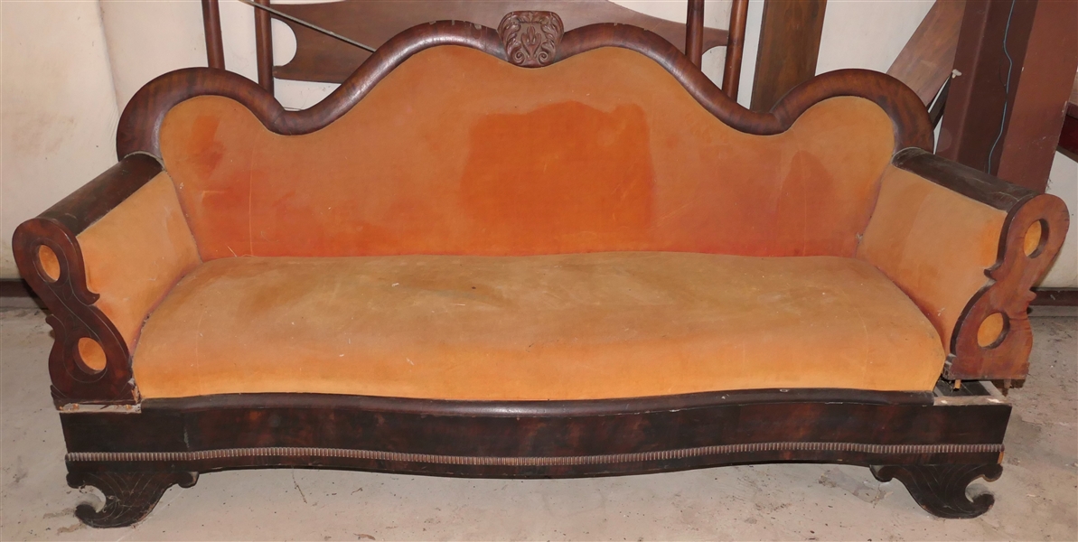 Flame Mahogany Empire Sofa - Needs Restoration - Beautiful Mahogany Scrolled Back with Carved Flames - Great Curvy Lines - Beaded Trim - Scrolled Legs - Sofa Measures 82" Long -Arms Need to Be...