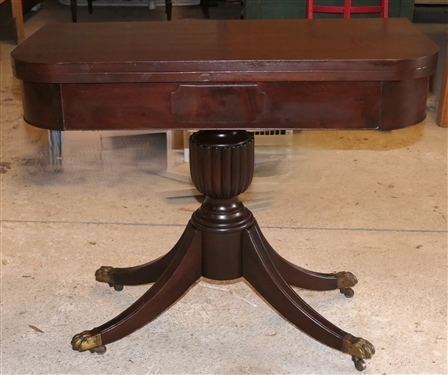 Nice Mahogany Duncan Phyfe Game Table - Brass Claw Feet - Urn Style Pedestal - Table Measures 29 tall 35 1/2 by 35 1/2 - Open - One Leg Has Been Repaired 