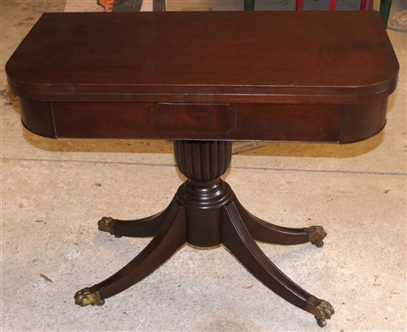 Nice Mahogany Duncan Phyfe Game Table - Brass Claw Feet - Urn Style Pedestal - Table Measures 29 tall 35 1/2 by 35 1/2 - Open - One Leg Has Been Repaired 