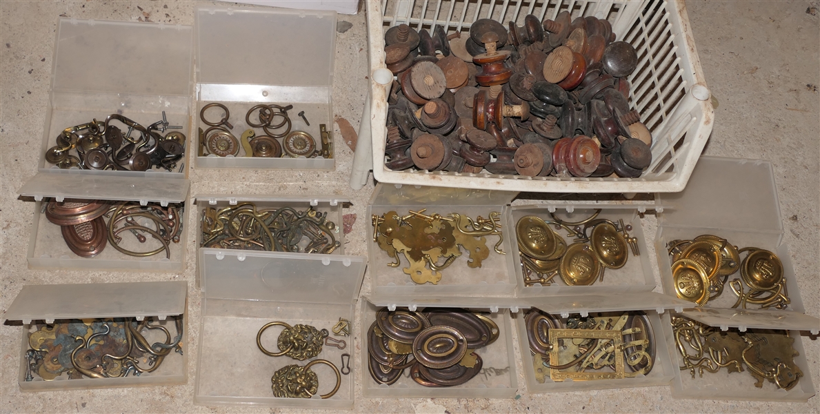 Large Lot of Antique Hardware - Drawer Pulls, Lions Heads, Brass Pulls and Plates, Wood Knob Pulls