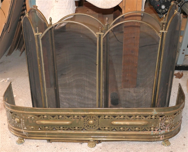 Brass Fire Place Skirt with Claw Feet and 2 Fire Screens - Fancy Pierced Brass Skirt Measures 47 1/2" Across 