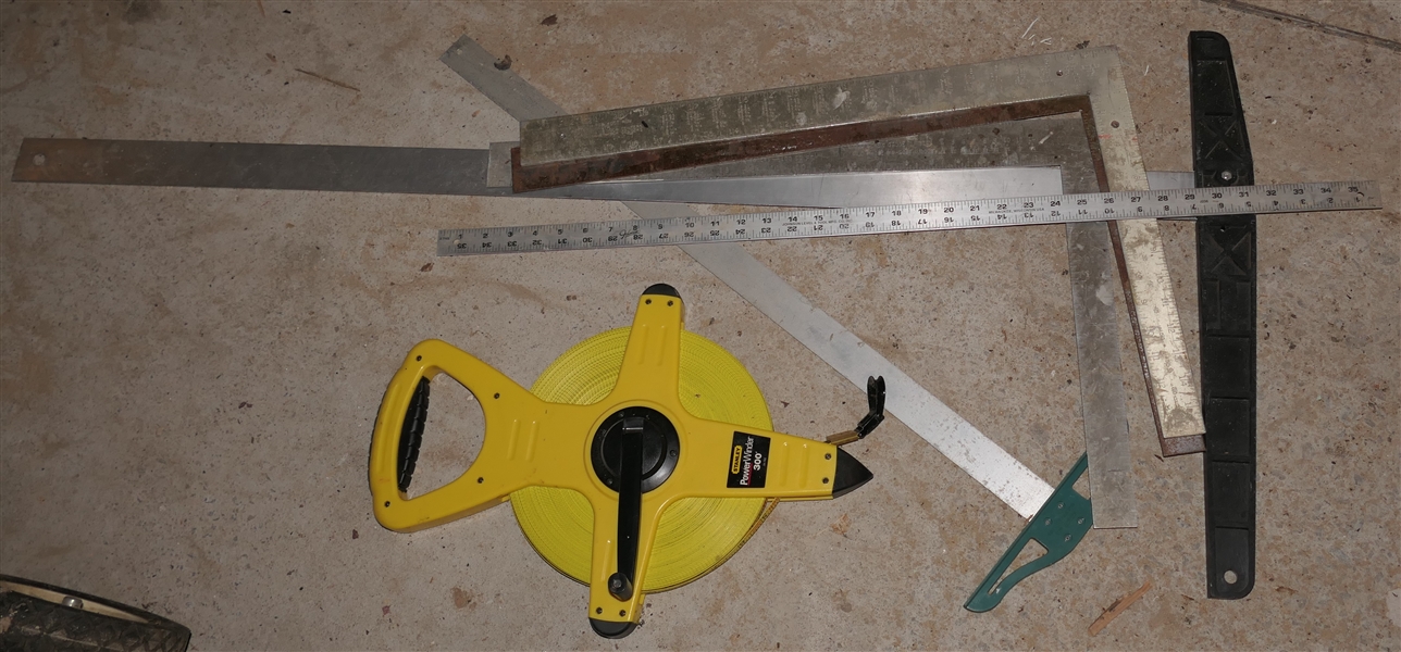 Stanley Power Winder 300 Foot Tape Measures, Metal Yard Stick, and 4 Squares 