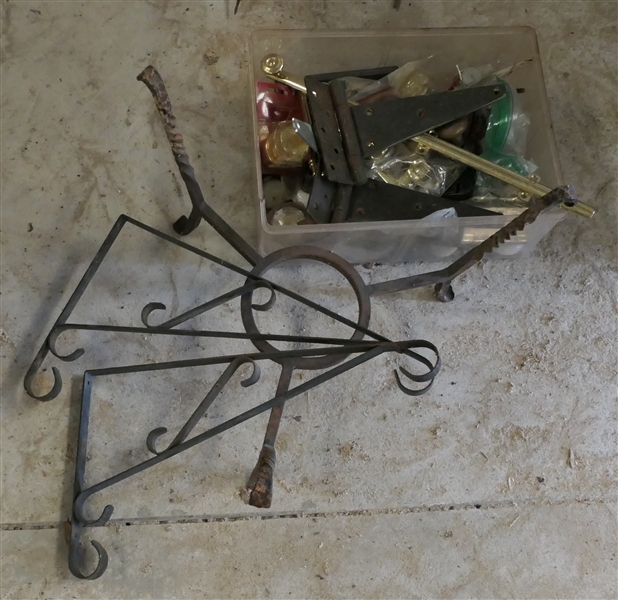 Iron Planter Stand, 2 Metal Shelf Brackets, Brass and Glass Door Knobs, Iron Hinges, and Misc. Hardware 