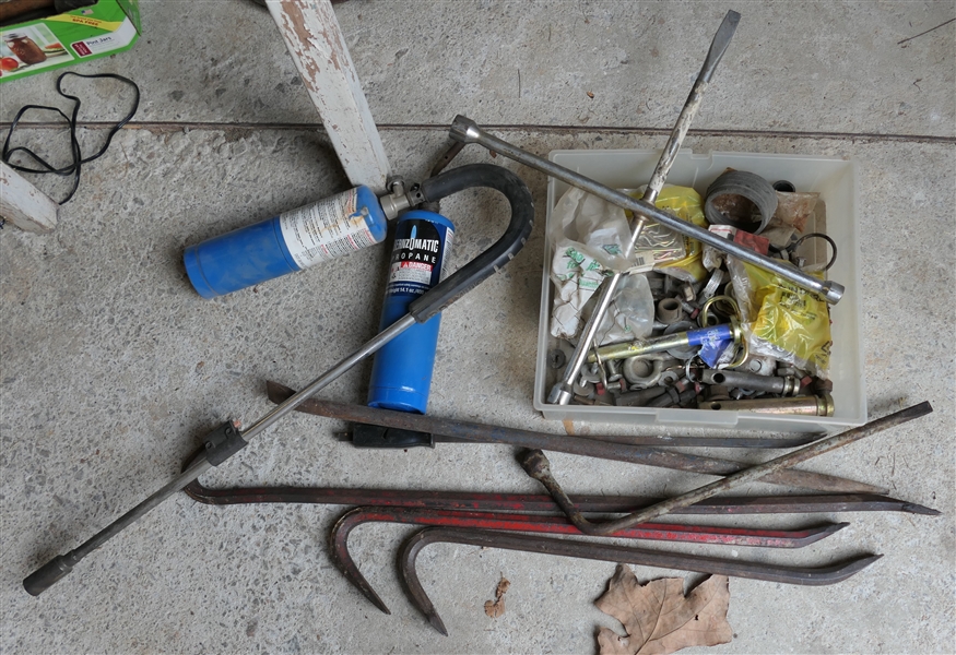 Tool Lot - 4 Way Lug Wrench, 4 Crow Bars, Tire Iron Benzomatic Propane Torches, and Misc. Pins and Clamps