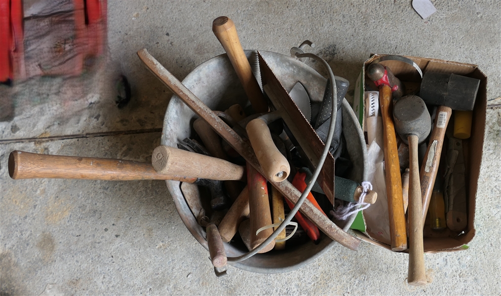 Brass Bucket and Box Full of Hand Tools - Hammers, Wire Brushes, Rubber Hammers, Screw Drivers 