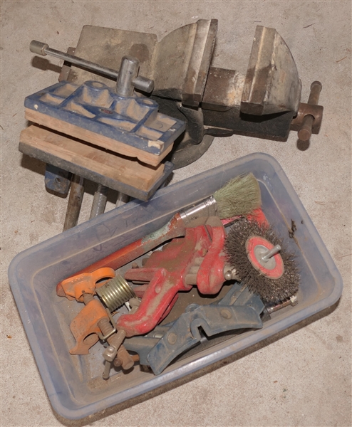 Table Top Vise, Corner Vise, and Box of Clamps and Wire Brushes 