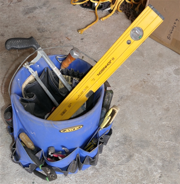 Tool Bucket with Blue Canvas Pouch - Full of Tools - Hammers, Levels, Saws, Screwdrivers, Etc. 