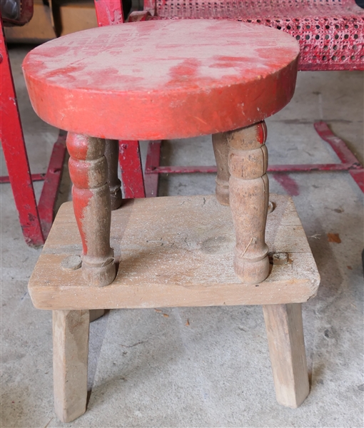 2 Wooden Milking Stools - Red Painted Round and Un Finished Wood - Round Measures 8 1/2" tall 10" Across