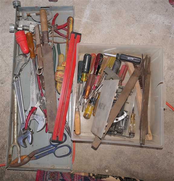 2 Trays of Hand Tools - Rasps, Largs Wrenches, Smis, Pipe Wrenches, Pipe Cutters, Screw Drivers, Files, and Allen Wrenches 