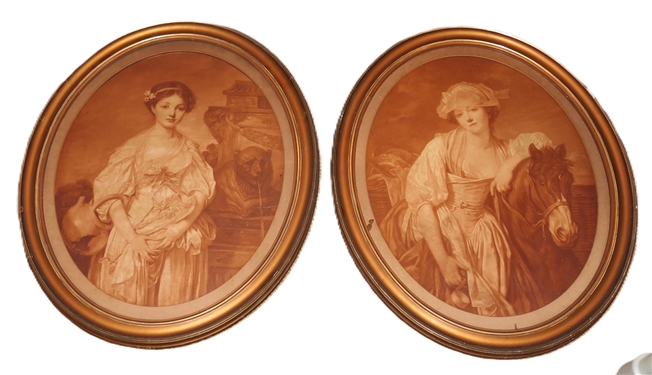 Pair of Victorian Style Portrait Prints in Gold Gilt Frames - Frames Measure 22 1/2 by 16
