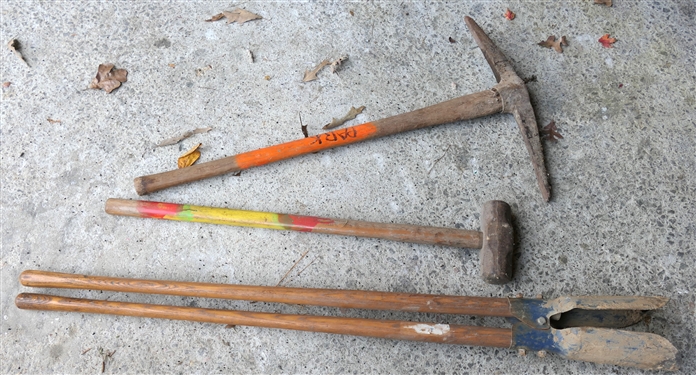 10 Pound Maul, Post Hole Diggers, and Pick Axe 