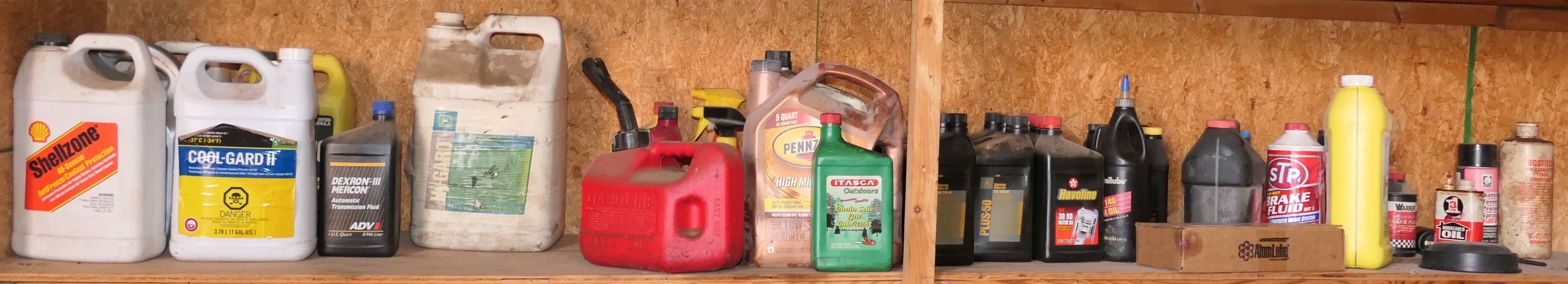 Shelf Lot of Oli, Antifreeze, Power Steering, and Brake Fluid - Most Full Bottles 