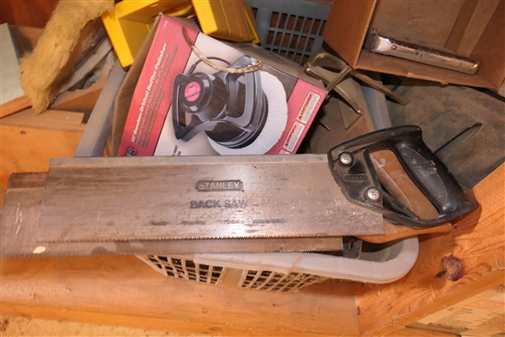 Shop Lot - Buffer, Sanders, Heater, Stapler, Nails, Compound Miter Hand Saws, and Detailer 