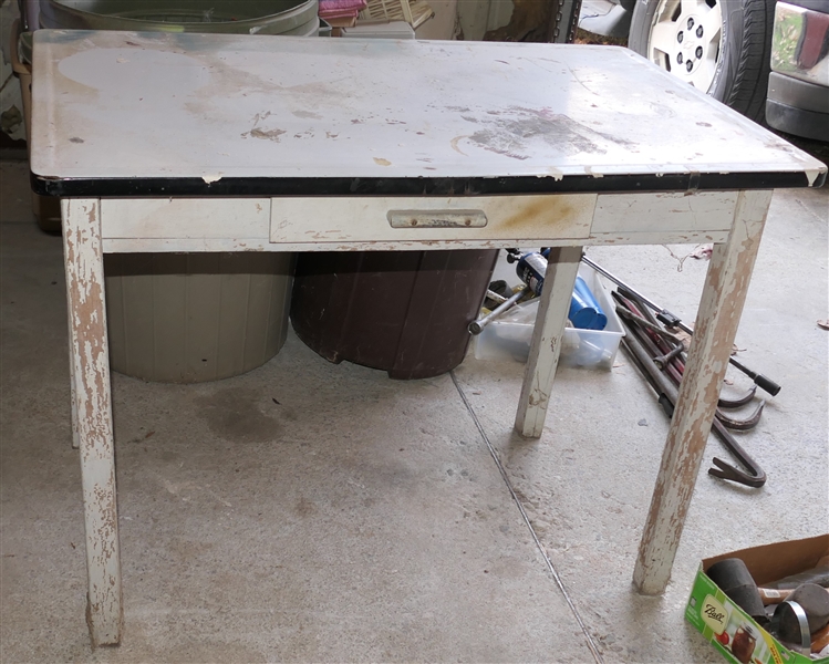 Enamel Top Kitchen Table with Drawer - Table Measures 30" tall 40" by 25" - Some Paint on Table Top