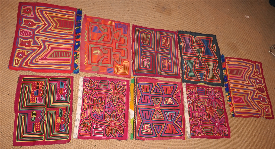 7 South American Hand Made Textiles - Florals Geometric Patterns, Alligators, and Birds - Red All are Approx 18" by 15"