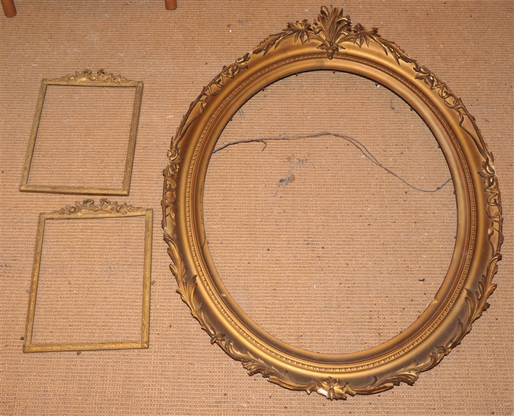 3 Gold Gilt Frames with Floral Crests - 2 Smaller For 8" by 10" Photos Larger For 23" by 19" 