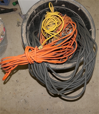 Bucket of Drop Lights and Extension Cords - 5 in total 