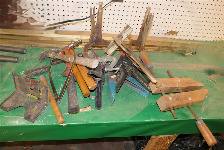 Hand Tool Lot Including Hammers, Corner Level, Wood Clamps, C Clamps, and Red Devil Clamp