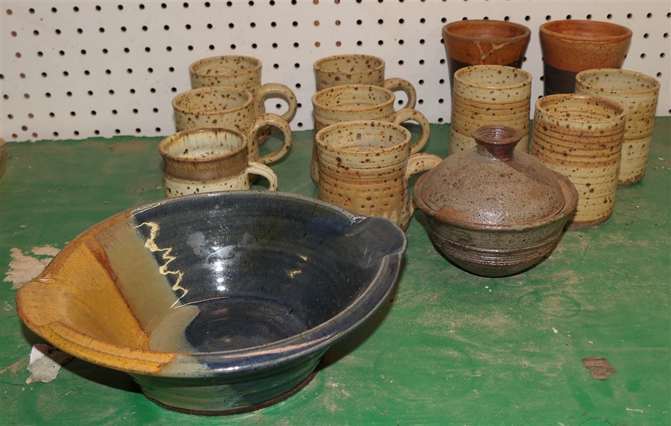 13 Pieces of Studio Art Pottery- Burton Mugs, Bowl, Onion Baker, Avery Bowl, Burton Tumblers, and Propsi Vases - Baker is Damaged