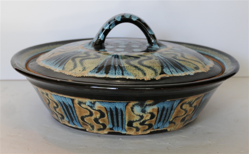 Beautiful Redman North Carolina Pottery Covered Dish - Blue and Green Glaze Decoration - Casserole Dish Measures 3" Tall 12" Across