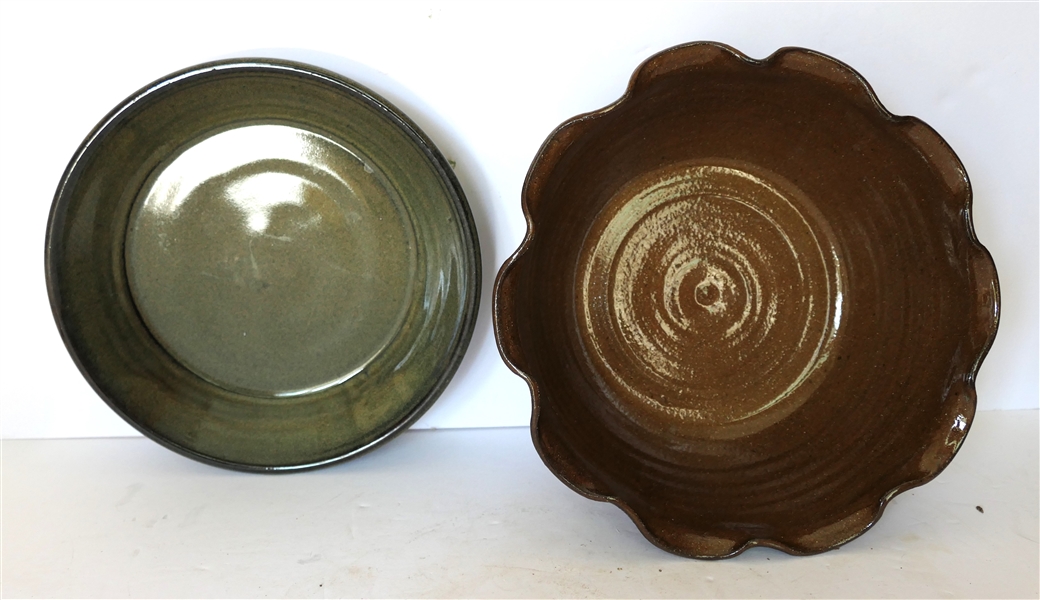 2 Pieces of North Carolina Pottery - 9 3/4" Down To Earth Pottery Bowl with Ruffled Edges and LMS Jugtown Pottery Dirt Dish Dated 2003 