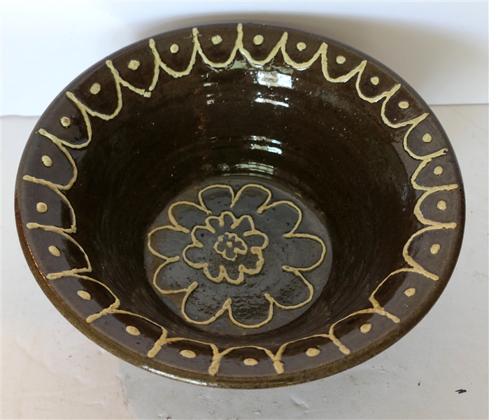 Wilford Dean - Gillsville, GA Folk Art Pottery Bowl - Slip Decorated Flower and Scalloped Detail - Bowl Measures 3 3/4" tall 9 3/4" Across