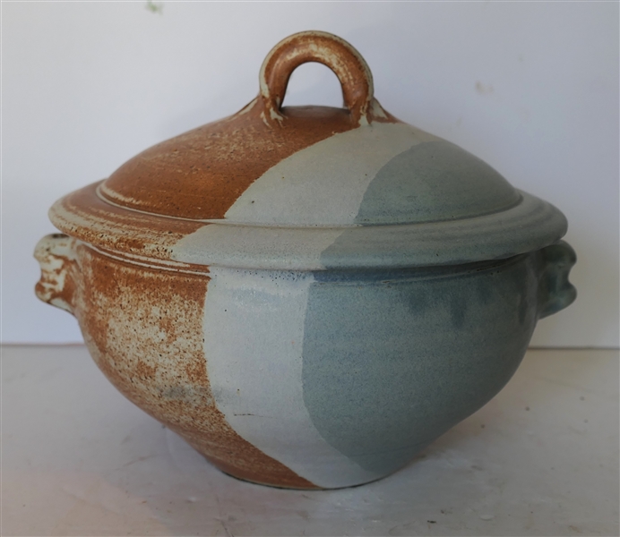 Studio Art Pottery Covered Dish with Lid - Signed TR - Light Blue and Brown Matte Glaze - Dish Measures 6" Tall 10" Across