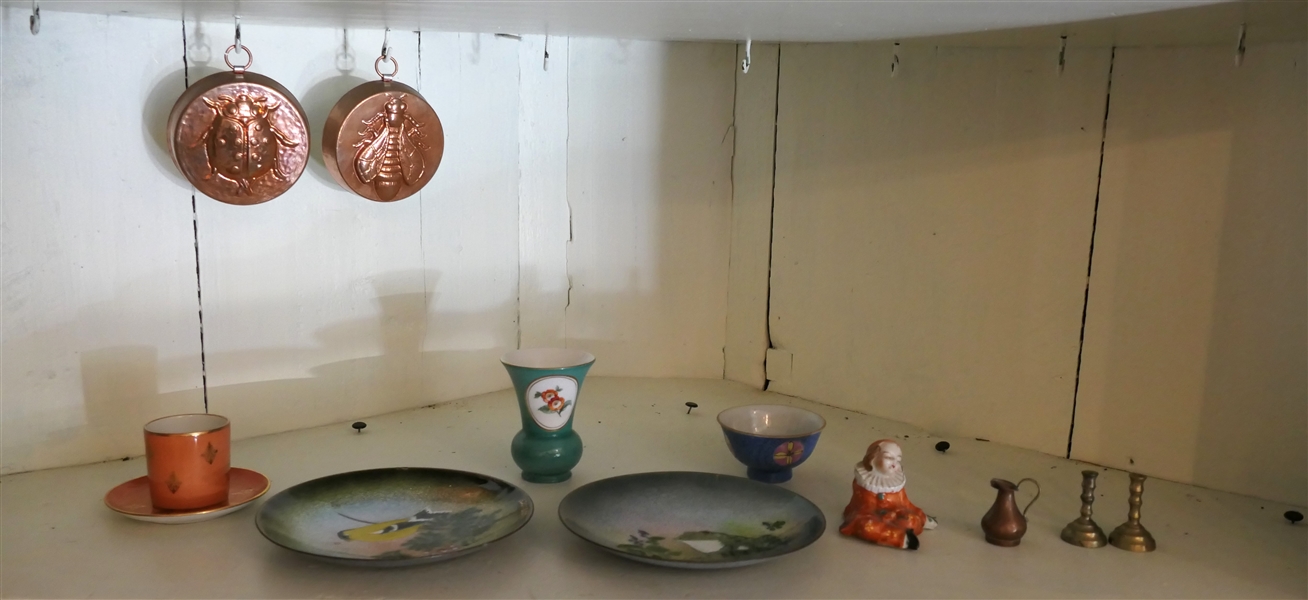 Shelf Lot Including Small Copper Molds with Insects, French Porcelain, Cloisonné Bird and Frog Plates, Miniature Candle Sticks, and Copper Pitcher