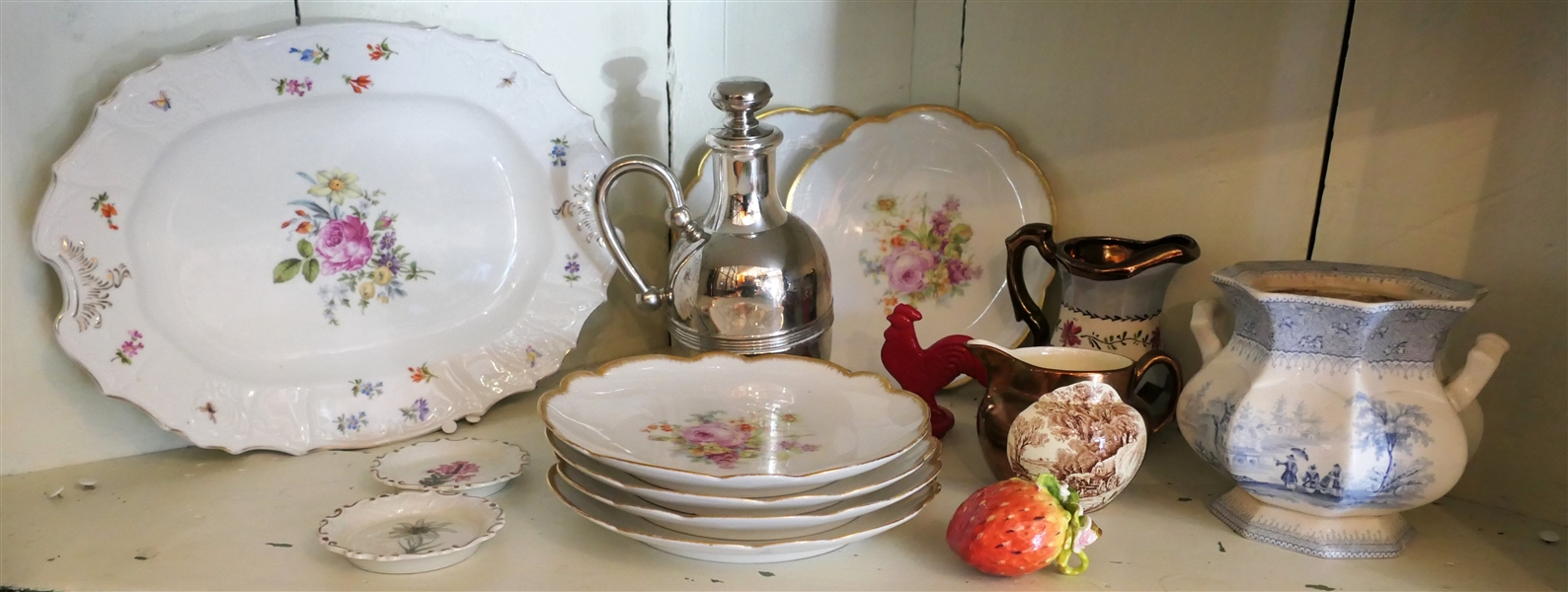 Shelf Lot including 6 Limoges Floral Plates, Dresden Flowers Platter, Ironstone Pitcher, Copper Luster Pitchers, and Chrome Tea Kettle 