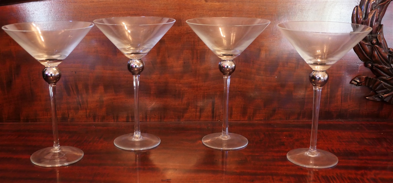 4 Martini Glasses with Silver Balls - Each Glass is 7 3/4" Tall 5" Across Top 