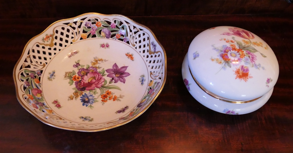 Erphila Germany Floral Lidded Porcelain Box and Bavaria "Dresden Flowers" Pierced Porcelain Bowl - Bowl Measures 3" Tall 9 3/4" Across