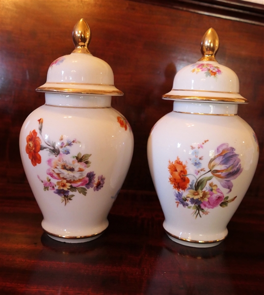 Pair of Erphila Germany Floral Ginger Jars with Lids - Fold Trim and Finials  - Each Jar is 8" Tall 