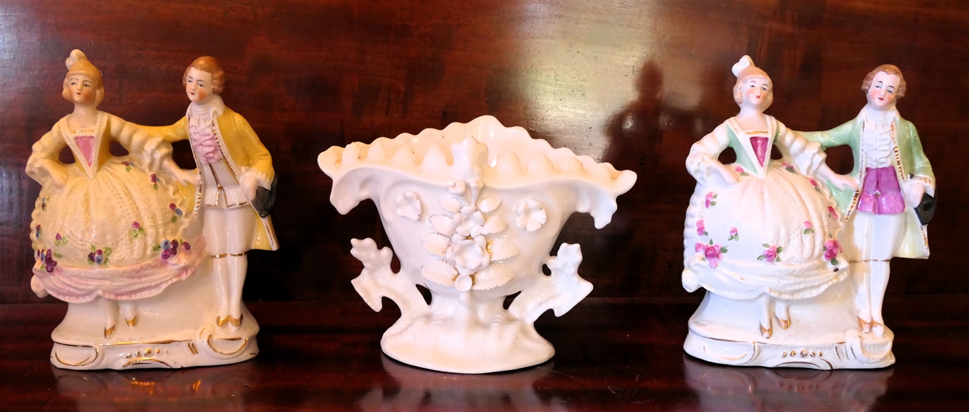 Pair of Porcelain Courting Figure Vases and White Porcelain Vase with Applied Flowers - Courting Vases Measure 6 3/4" Tall 