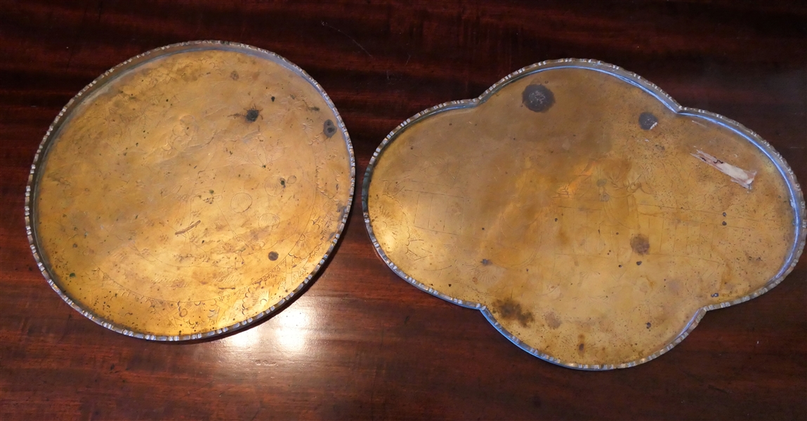 2 Hand Chased Brass Dresser Trays - Round 10" and Other 14" 
