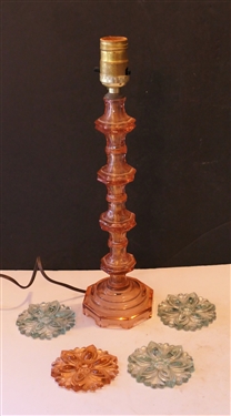 Pink Depression Glass Candlestick Lamp and 4 Pink and Green Glass Curtain Tiebacks - Lamp is 15 to Bulb