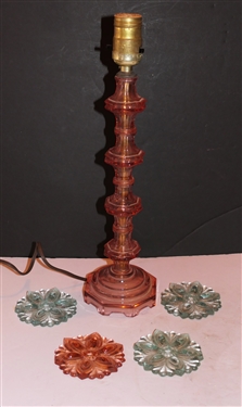 Pink Depression Glass Candlestick Lamp and 4 Pink and Green Glass Curtain Tiebacks - Lamp is 15 to Bulb