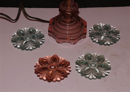 Pink Depression Glass Candlestick Lamp and 4 Pink and Green Glass Curtain Tiebacks - Lamp is 15 to Bulb