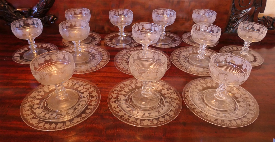 30 Pieces of Grape and Vine Etched Crystal - Footed Goblets, Saucers, and Dessert Plates - Goblets Are 5" tall Dessert Plates 8" Across