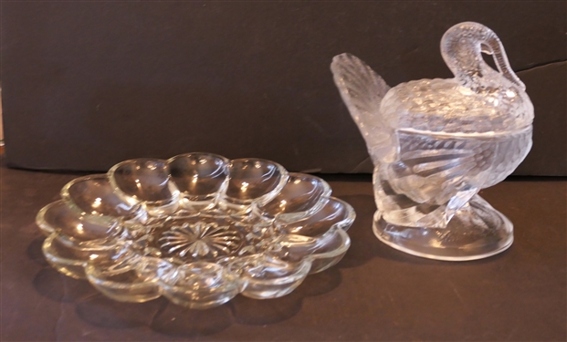 Vintage Turkey Candy Dish and Glass Egg Plate - Turkey is 7 tall 
