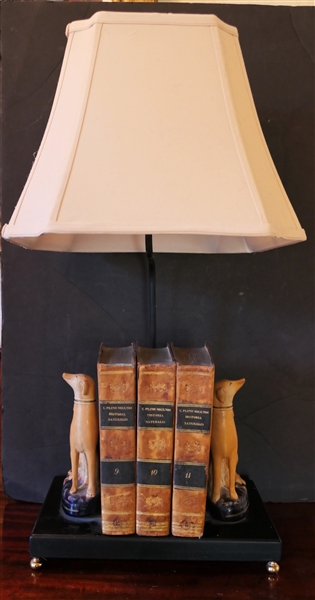 Library Lamp with 19th Century Staffordshire Whippet Dog Statues and 3 Leather Bound Latin Books - Dogs and Books Are Removable - Lamp Measures 22" To Bulb