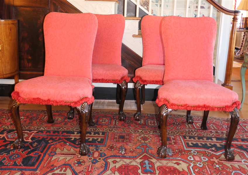 Set of 4 Chippendale Ball and Claw Foot Side Chairs - Pretty Pink Upholstery with Nail Head Trim - Chairs Measure 19" To Seats