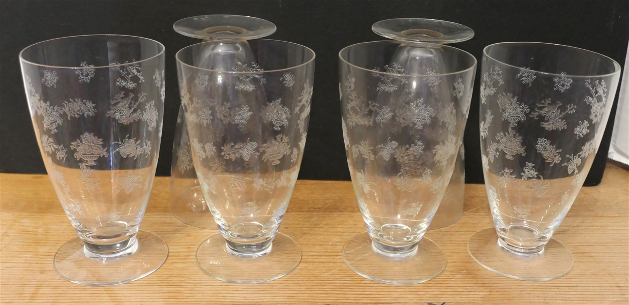 6 Heisey "Chintz" Footed Iced Tea Glasses - 4 Good 2 with Some Damage - Glasses are 5 3/8" Tall