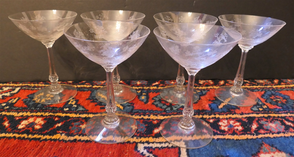 6 Heisey "Chintz" Champagne Coupes with Clear Stems -Glasses are 6 1/8" Tall 