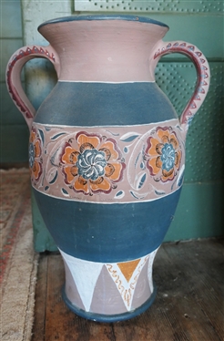 Pretty Mexican Art Pottery Double Handled Urn Style Vase - Hand Painted Floral Decoration - Vase Measures 16 tall 