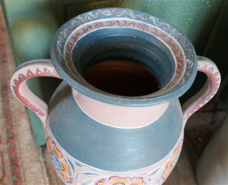 Pretty Mexican Art Pottery Double Handled Urn Style Vase - Hand Painted Floral Decoration - Vase Measures 16 tall 