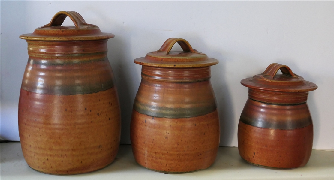 3 Piece Studio Art Pottery Canister Set by Robert Crystal - Vermont Art Potter - Largest Canister is 10" Tall Smallest 7"