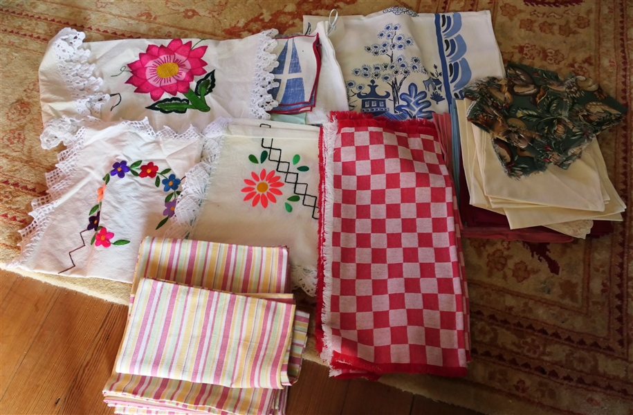 Lot of Vintage Table Linens - Hand Embroidered Flowers, Blue and White Oriental Printed, and Cloth Napkins