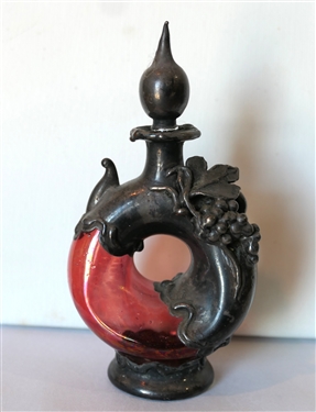 Incredible Sterling Silver Mounted Art Glass Perfume Bottle by King Solomon Finds - Made in Israel - Applied Grapes and Leaves - Bottle Measures 4 Tall 