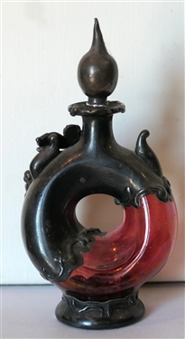 Incredible Sterling Silver Mounted Art Glass Perfume Bottle by King Solomon Finds - Made in Israel - Applied Grapes and Leaves - Bottle Measures 4 Tall 